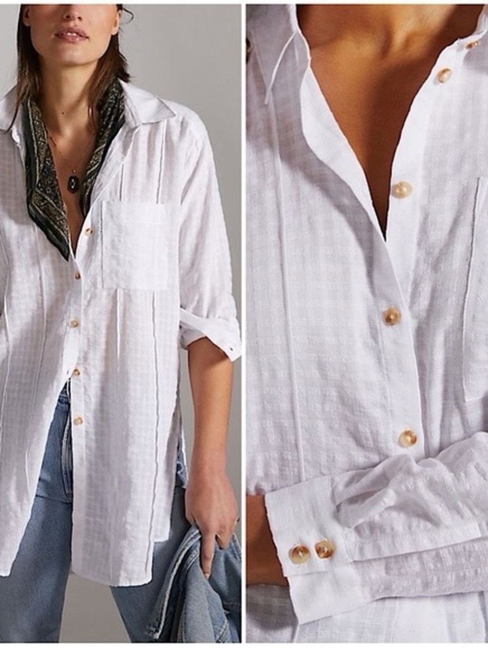✨NWT Anthropologie Gingham Textured White Button-down Tunic Shirt